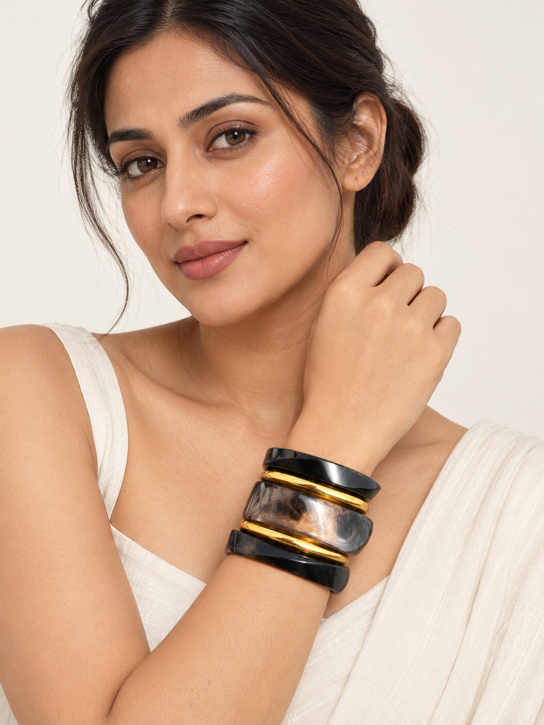 ELVION Black Gold-Tone Bangle Set — Model wearing product