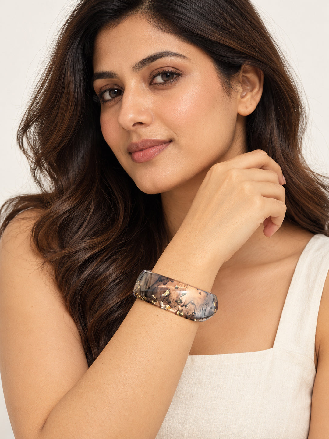 ELVION Brown Gold-Flecked Bangle — Model wearing product