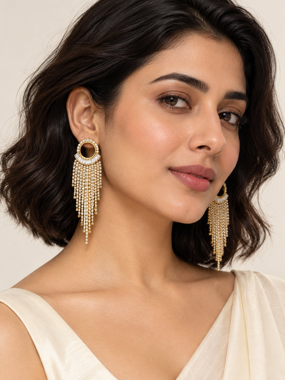 ELVION Gold Round Fringe Earrings — Model wearing product