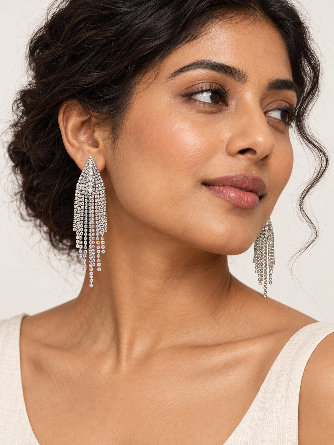 ELVION Silver Drop Fringe Earrings — Model wearing product