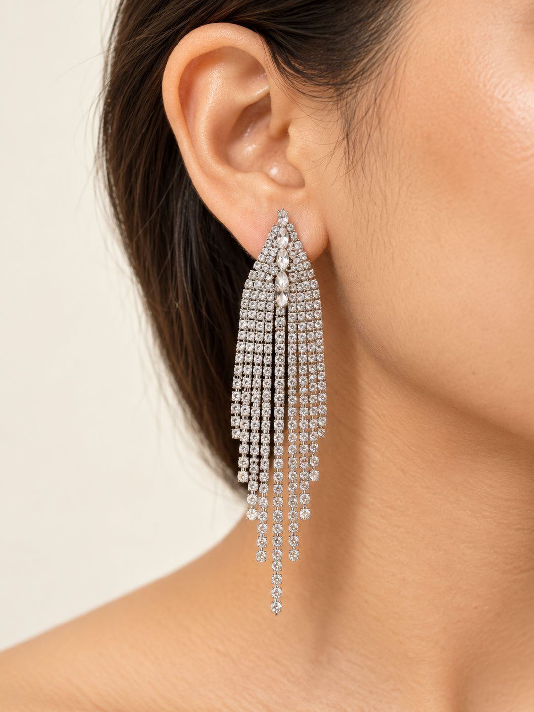 ELVION Silver Drop Fringe Earrings — Close-up detail