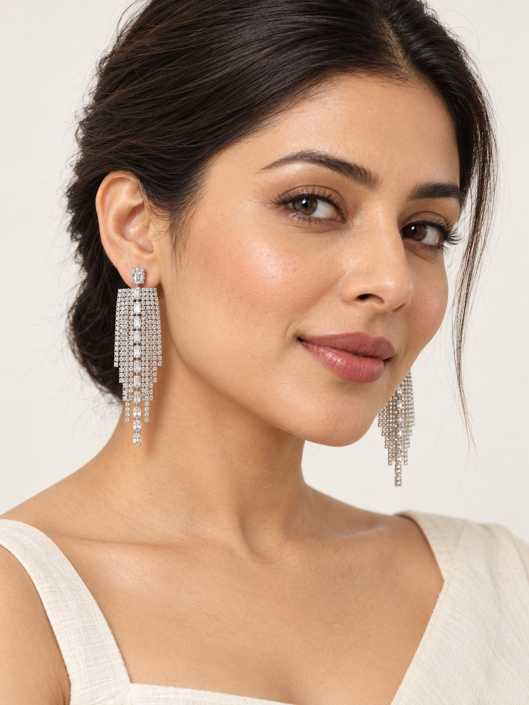 ELVION Silver Baguette Drop Earrings — Model wearing product