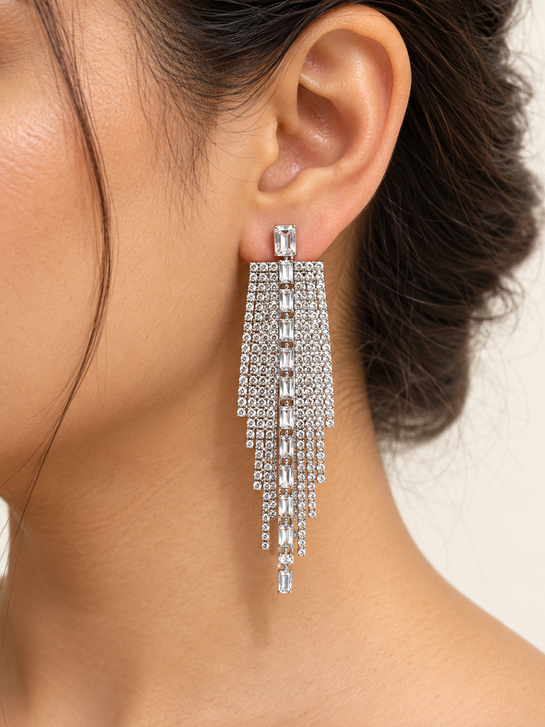 ELVION Silver Baguette Drop Earrings — Close-up detail