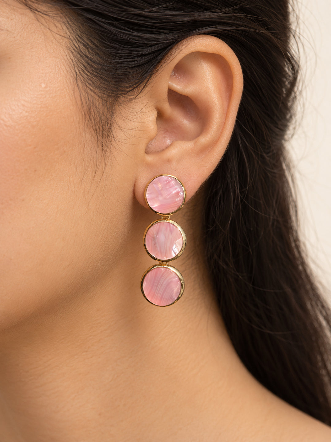 ELVION Pink Triple Disc Earrings — Close-up detail