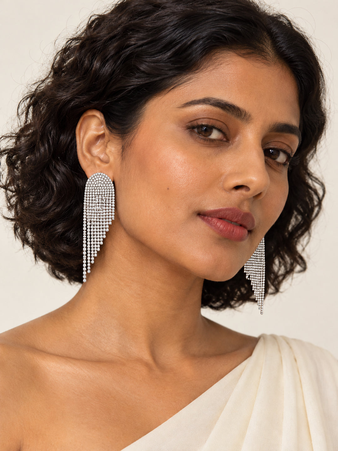 ELVION Silver Arch Fringe Earrings — Model wearing product