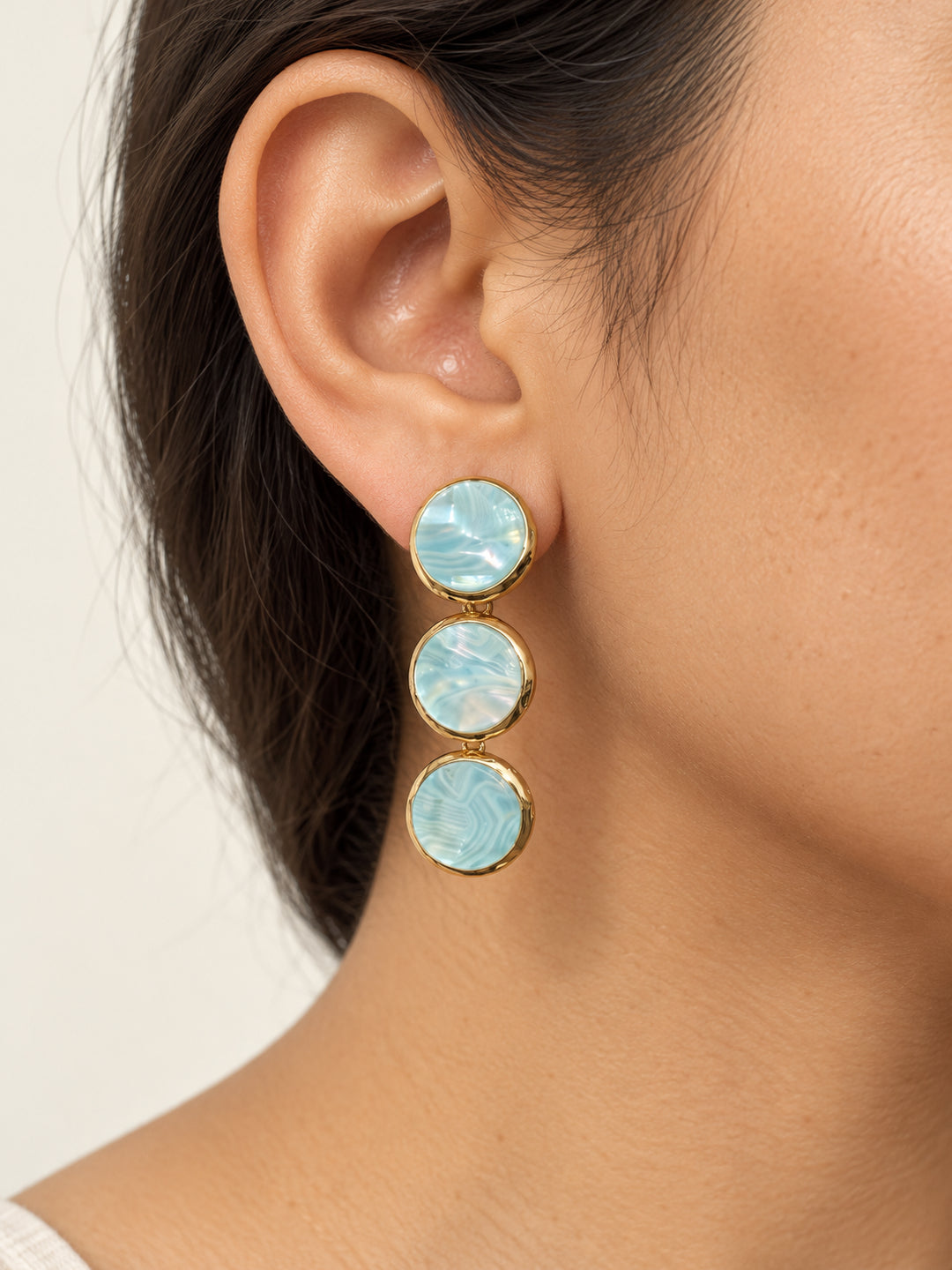 ELVION Blue Triple Disc Earrings — Close-up detail