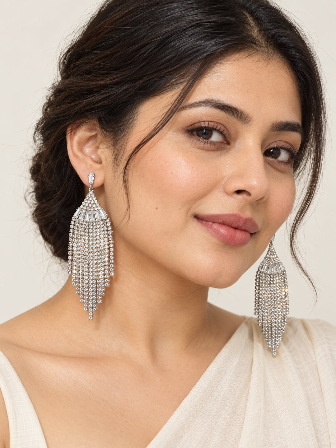ELVION Silver Fan Fringe Earrings — Model wearing product