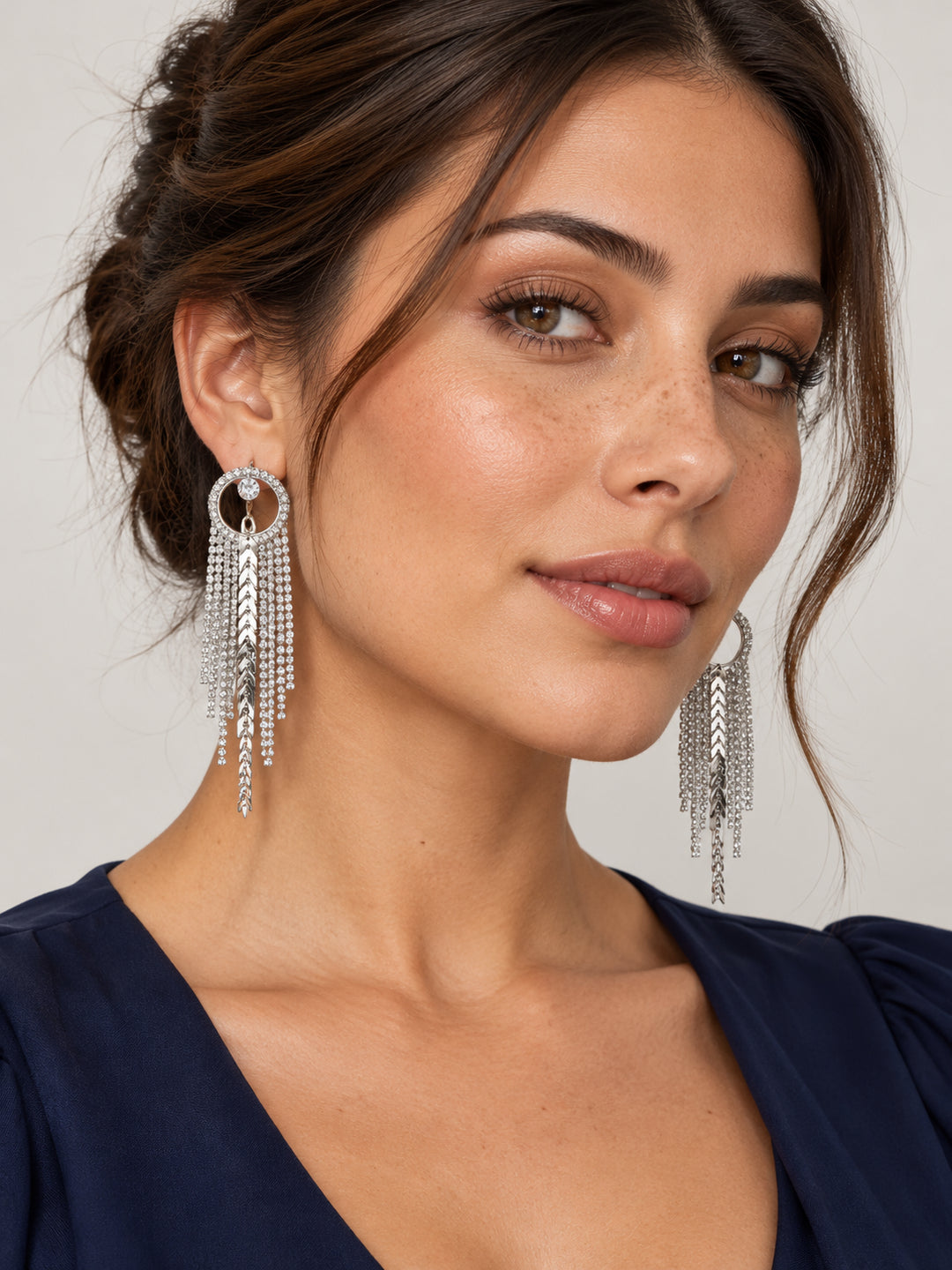ELVION Silver Chevron Fringe Earrings — Model wearing product