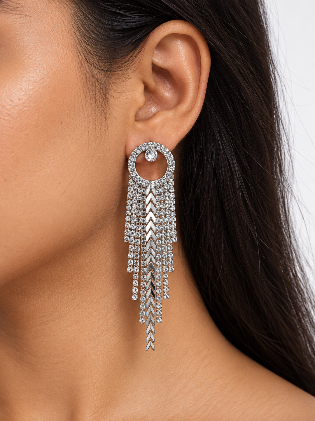 ELVION Silver Chevron Fringe Earrings — Close-up detail