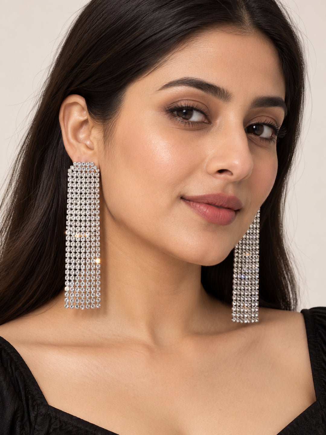 ELVION Silver Long Tassel Earrings — Model wearing product