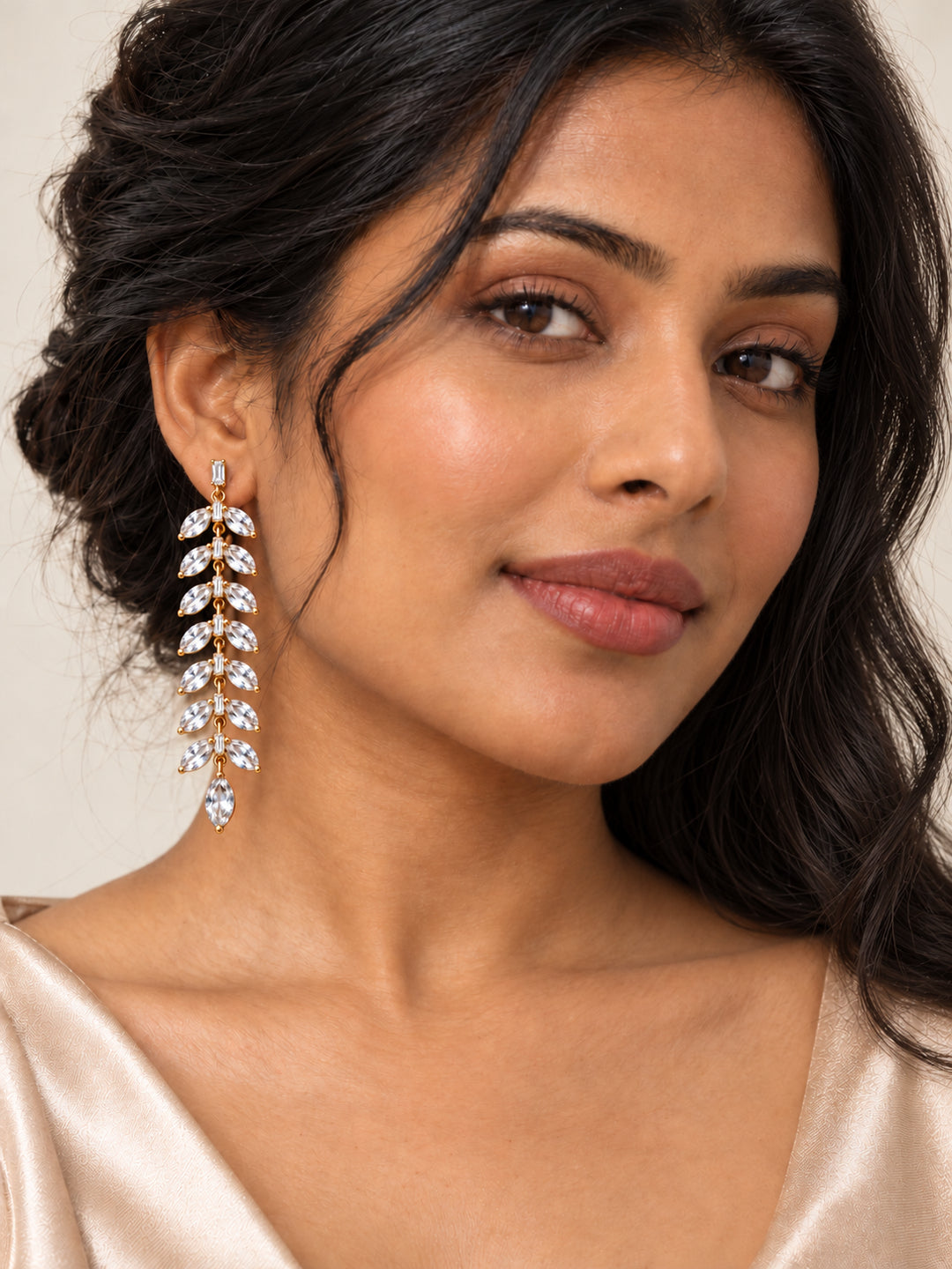 ELVION Gold Leaf Drop Earrings — Model wearing product