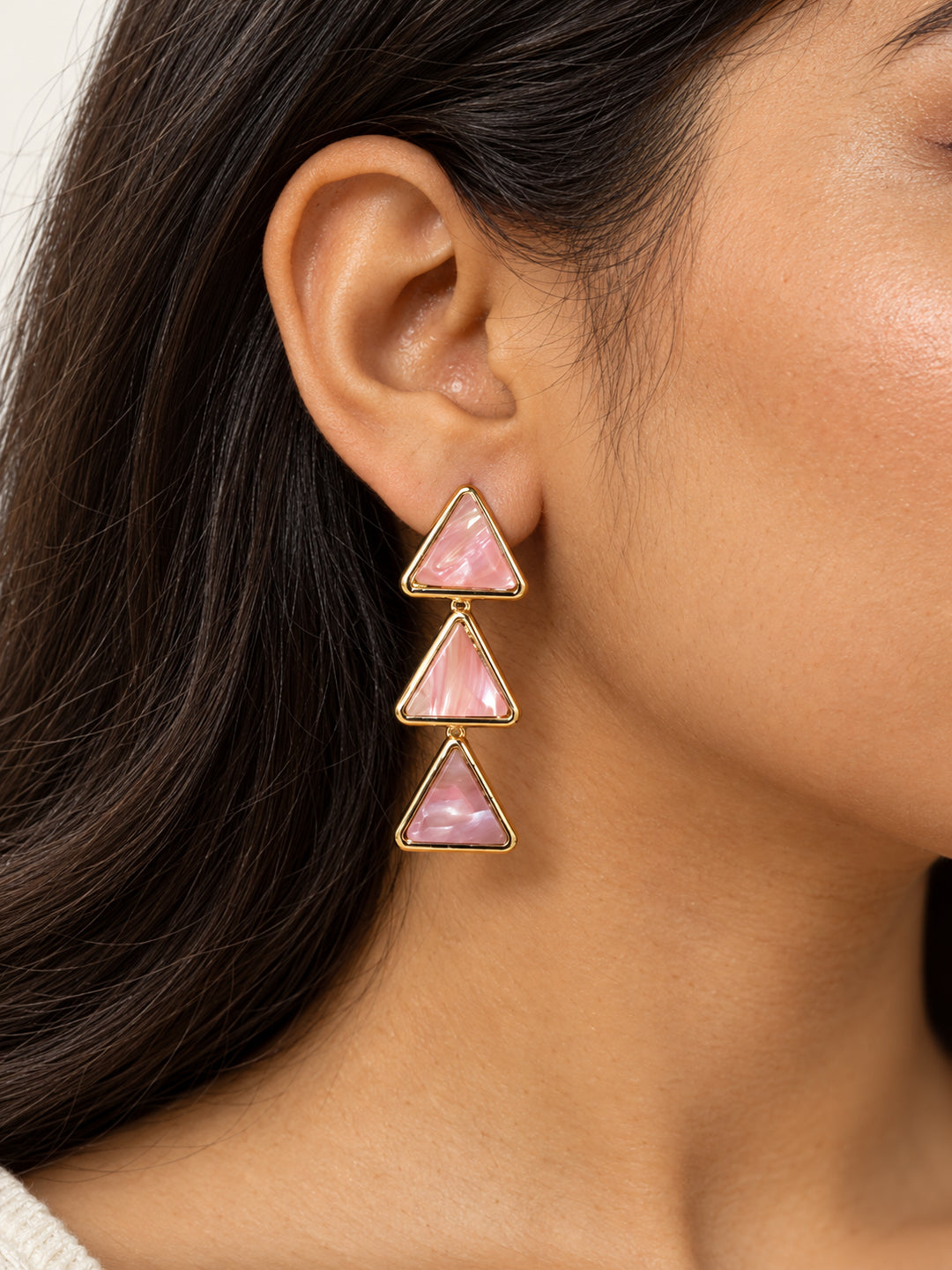 ELVION Pink Triangle Drop Earrings — Close-up detail