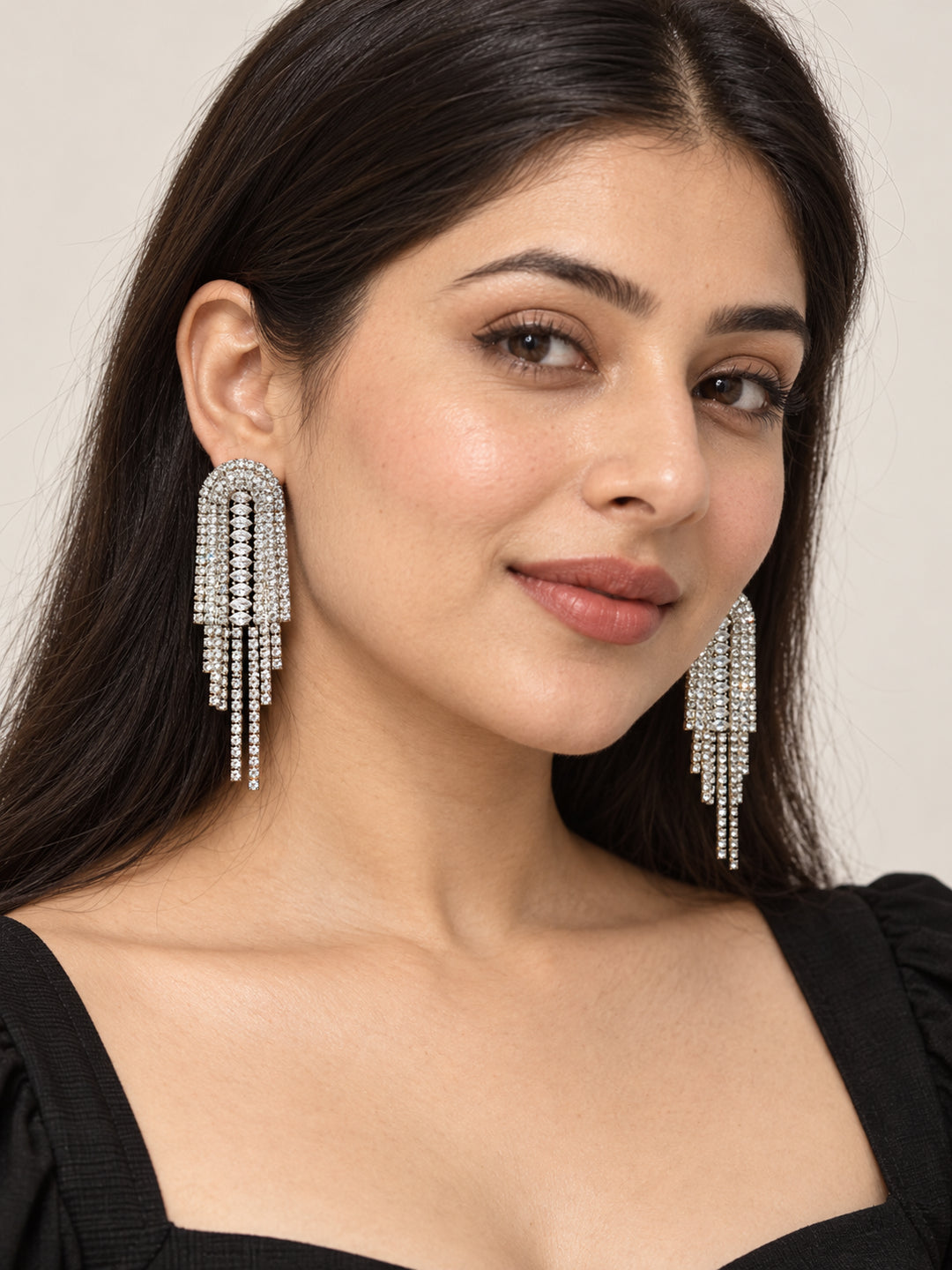 ELVION Silver Arch Drop Earrings — Model wearing product