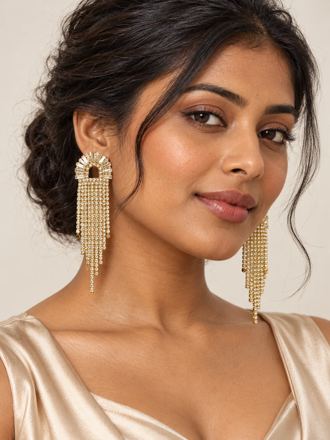 ELVION Gold Sunburst Fringe Earrings — Model wearing product