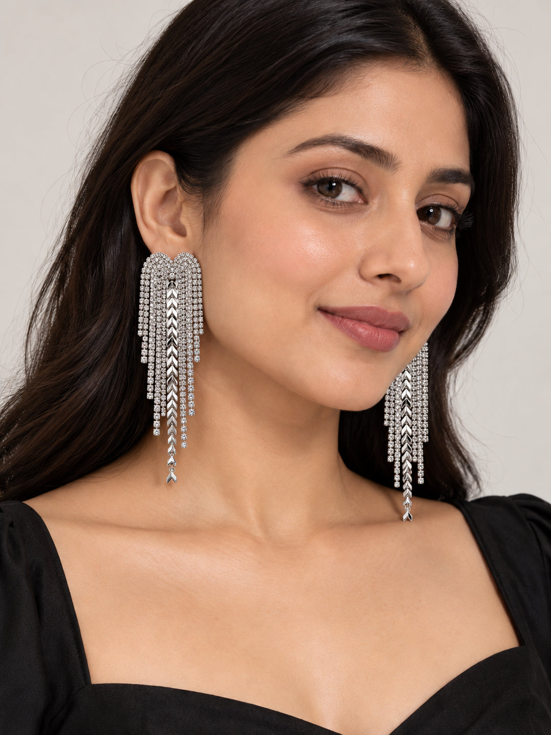 ELVION Silver Chevron Drop Earrings — Model wearing product