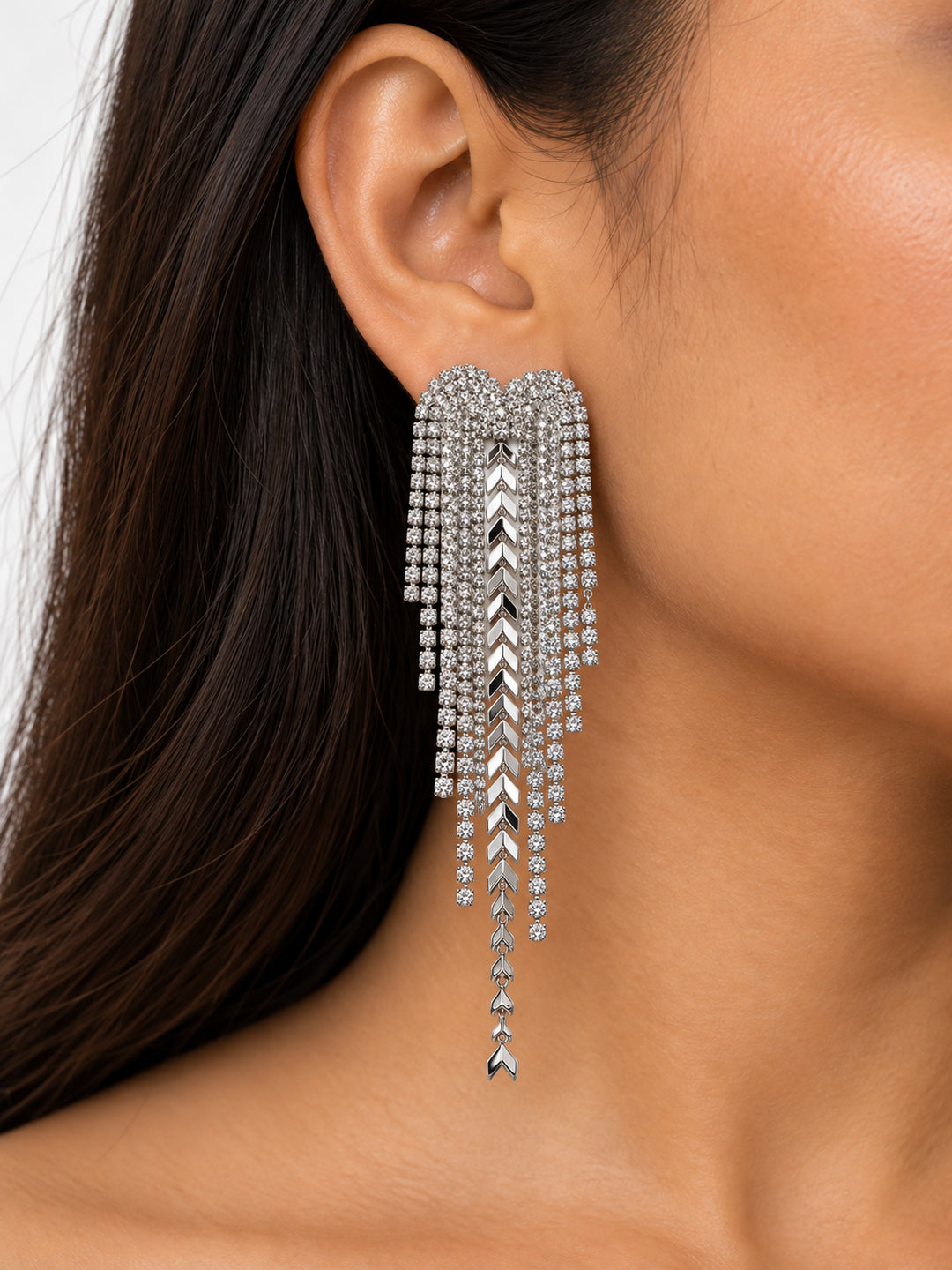 ELVION Silver Chevron Drop Earrings — Close-up detail