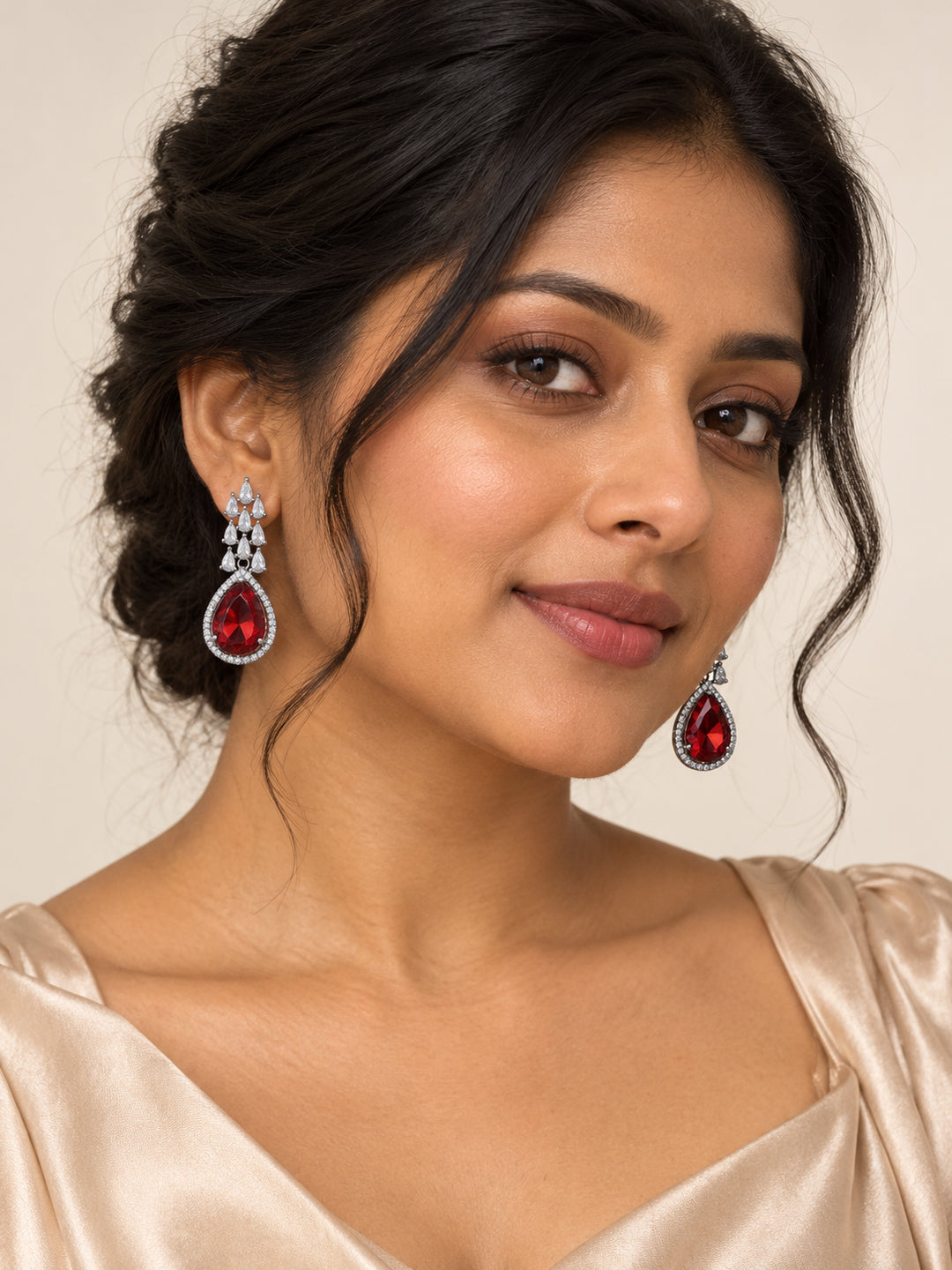 ELVION Red Teardrop Earrings — Model wearing product