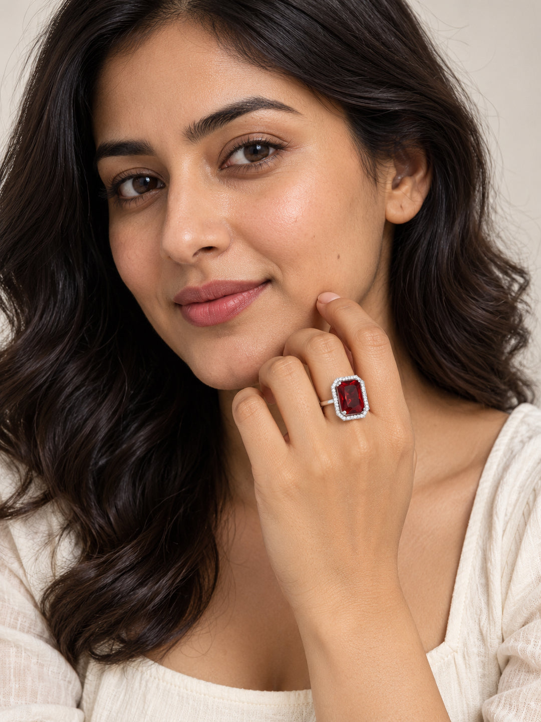ELVION Red Rectangle Halo Ring — Model wearing product