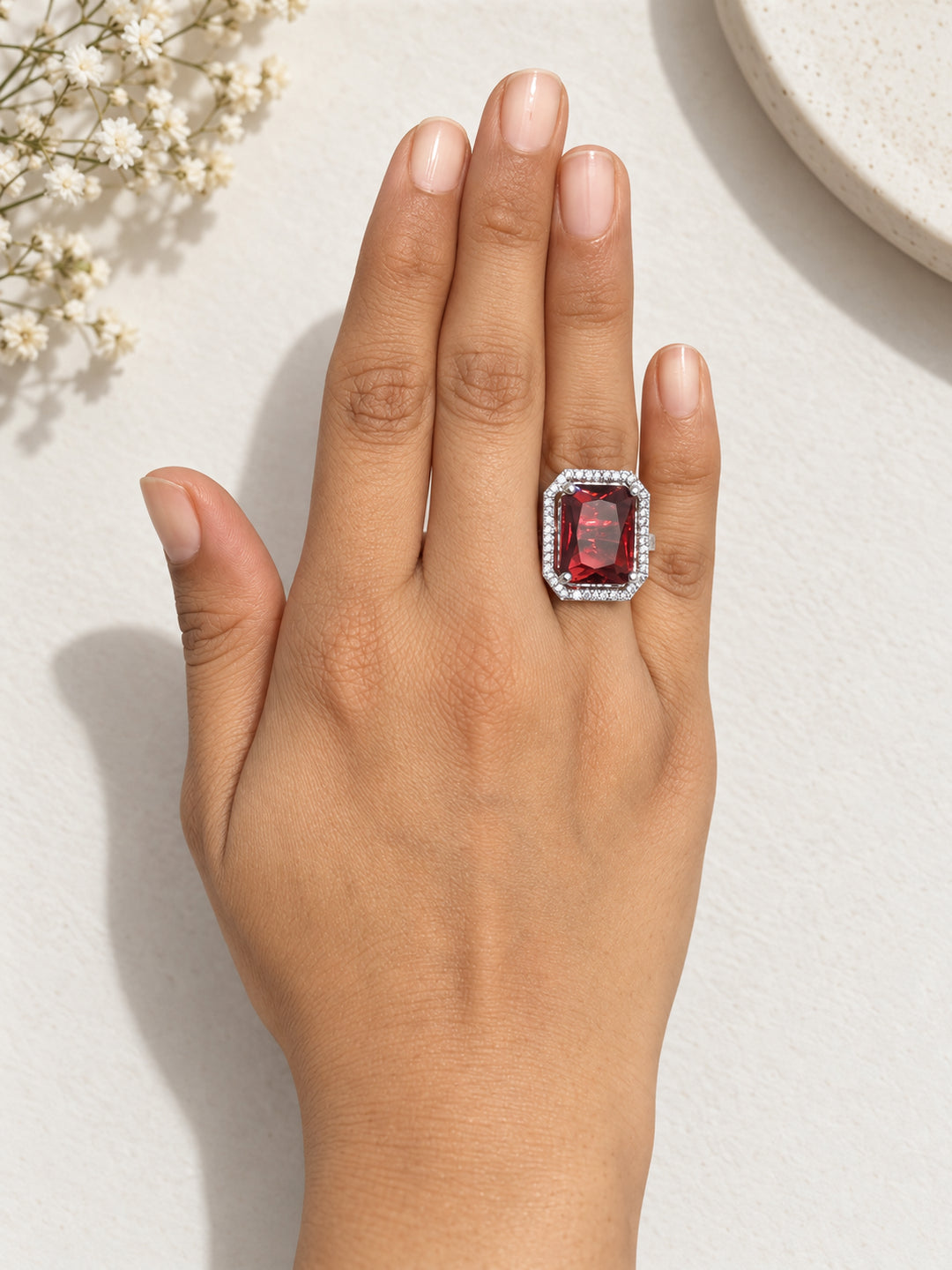 ELVION Red Rectangle Halo Ring — Close-up detail