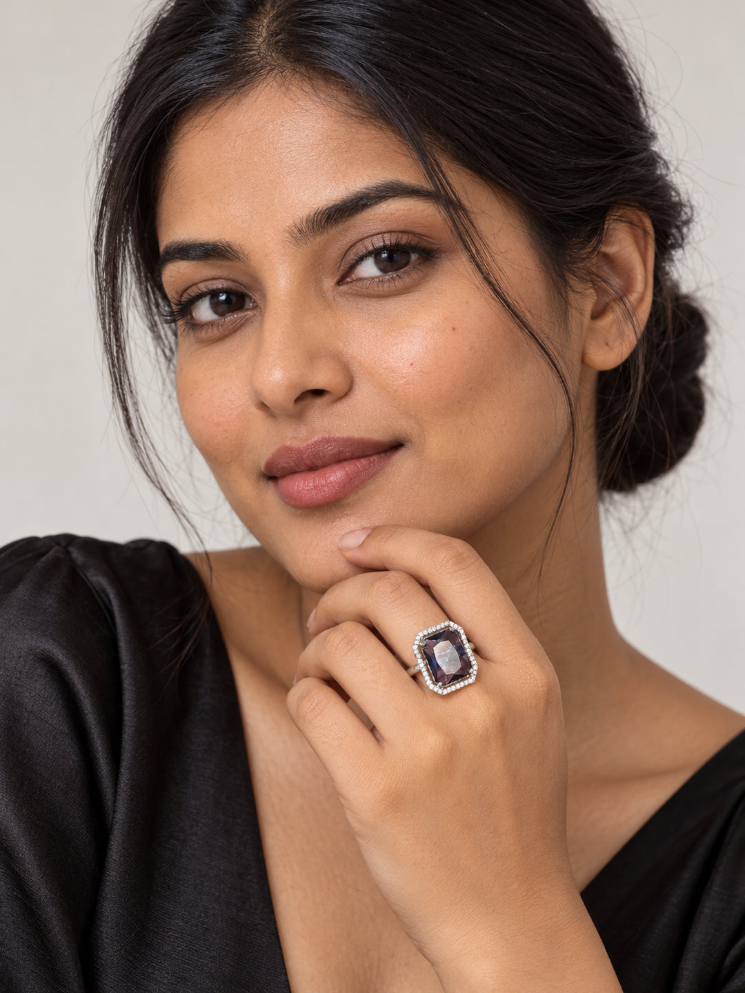 ELVION Purple Rectangle Halo Ring — Model wearing product