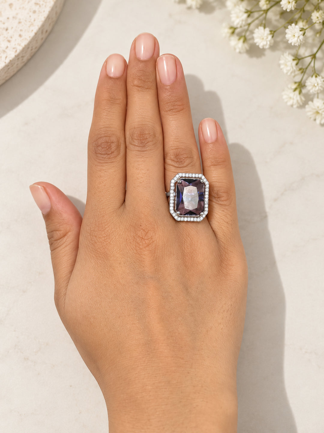 ELVION Purple Rectangle Halo Ring — Close-up detail