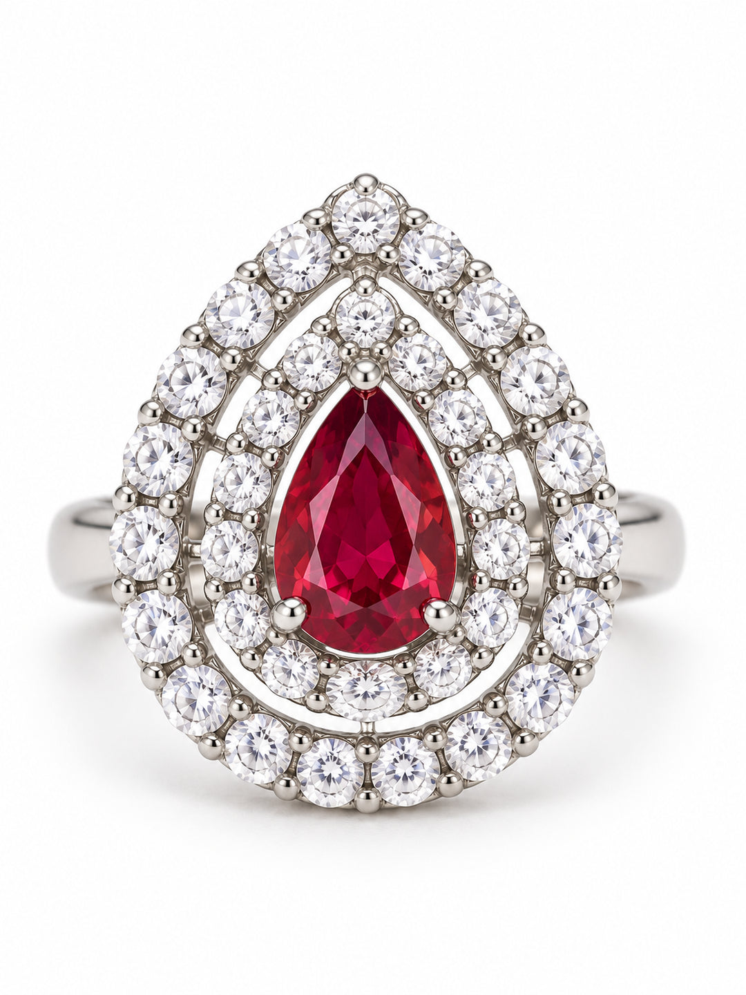 ELVION Red Double Halo Pear Ring — Product on white