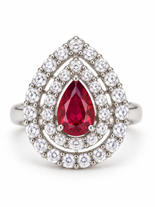ELVION Red Double Halo Pear Ring — Product on white