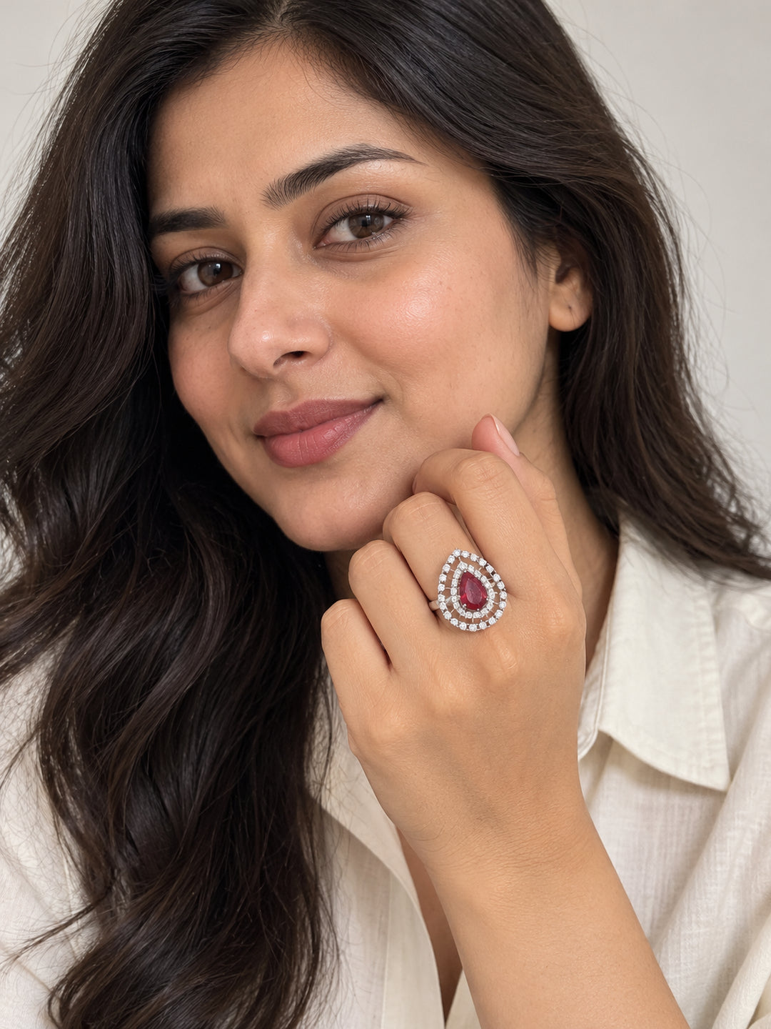 ELVION Red Double Halo Pear Ring — Model wearing product