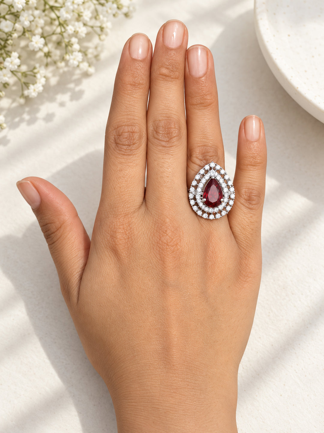 ELVION Red Double Halo Pear Ring — Close-up detail