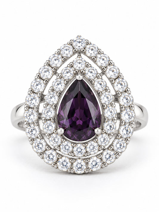 ELVION Purple Double Halo Pear Ring — Product on white