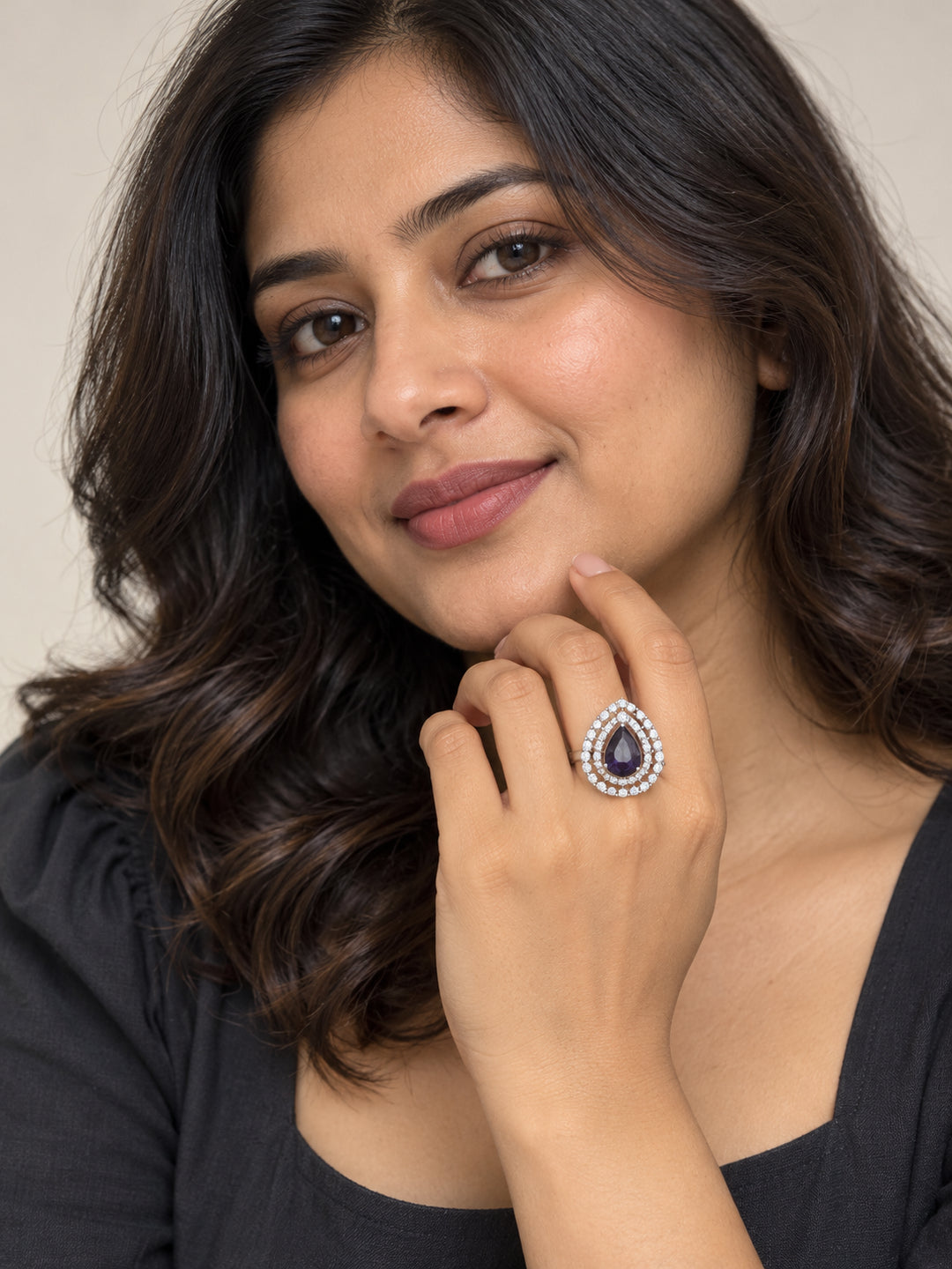 ELVION Purple Double Halo Pear Ring — Model wearing product