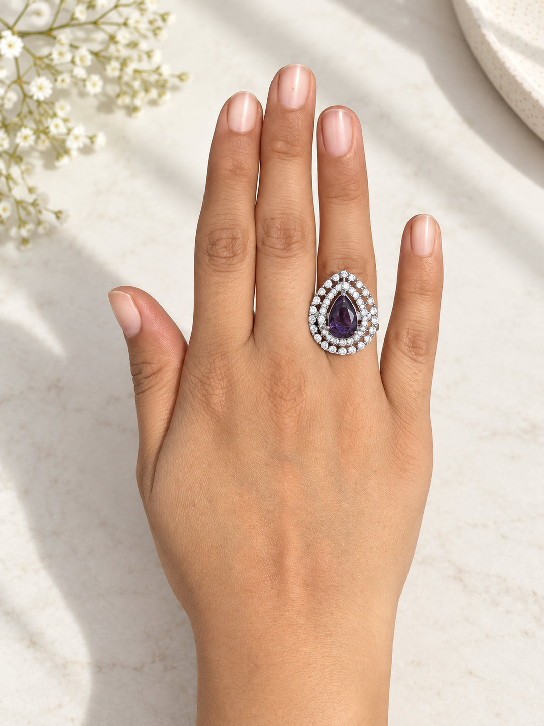 ELVION Purple Double Halo Pear Ring — Close-up detail