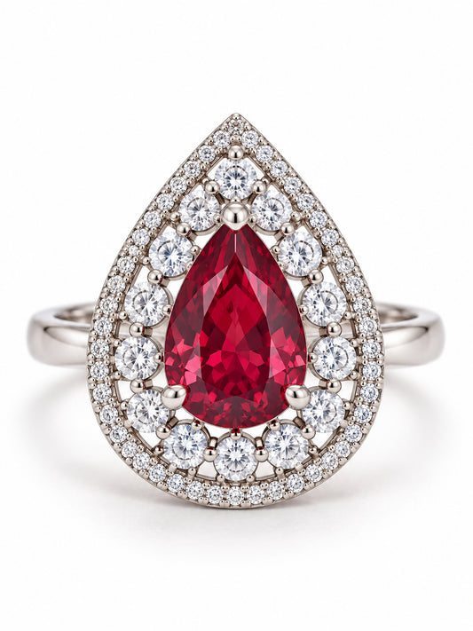 ELVION Red Open Halo Pear Ring — Product on white