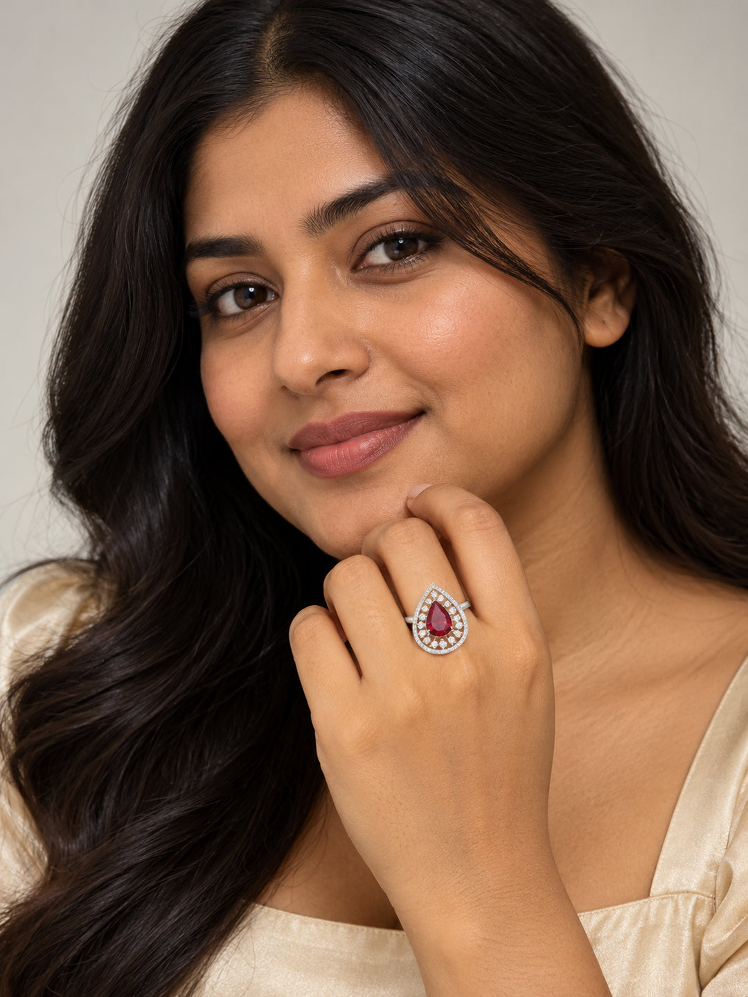 ELVION Red Open Halo Pear Ring — Model wearing product