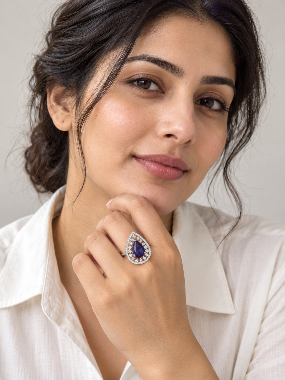 ELVION Purple Open Halo Pear Ring — Model wearing product