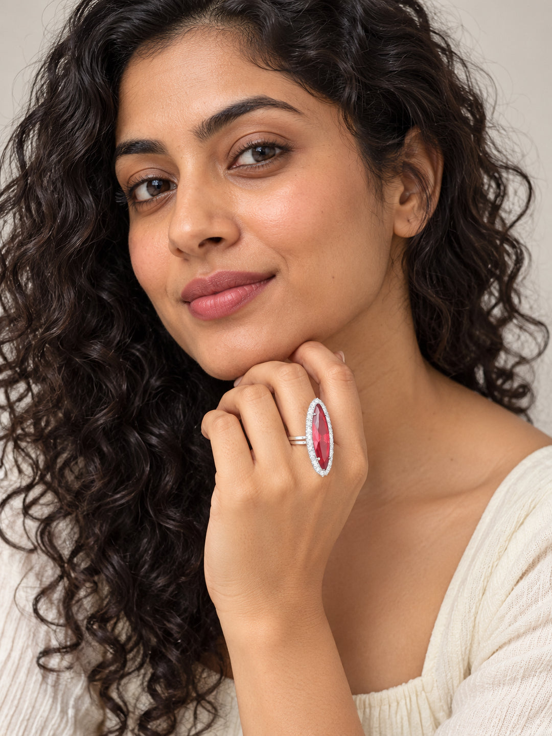 ELVION Red Marquise Halo Ring — Model wearing product