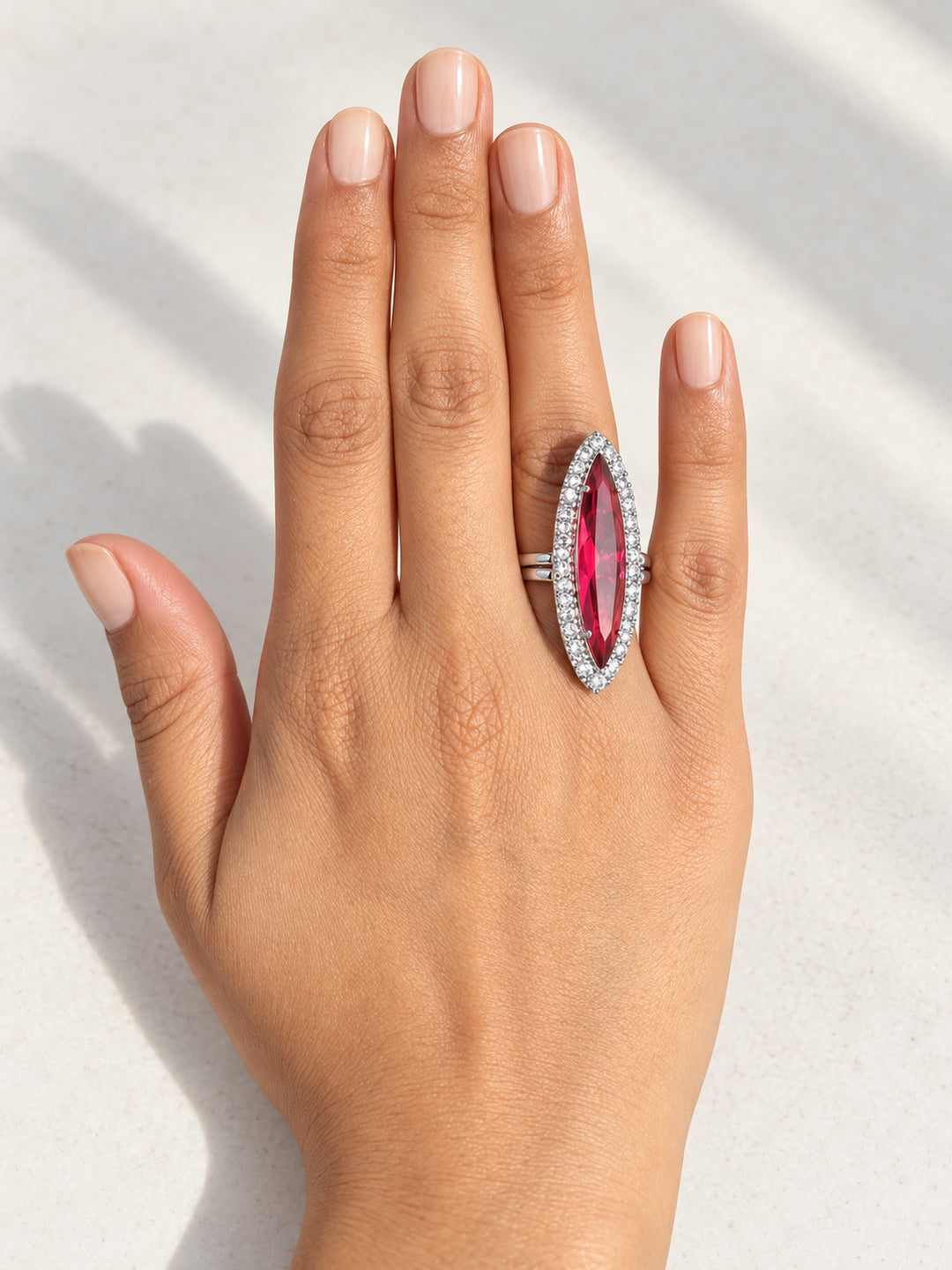 ELVION Red Marquise Halo Ring — Close-up detail