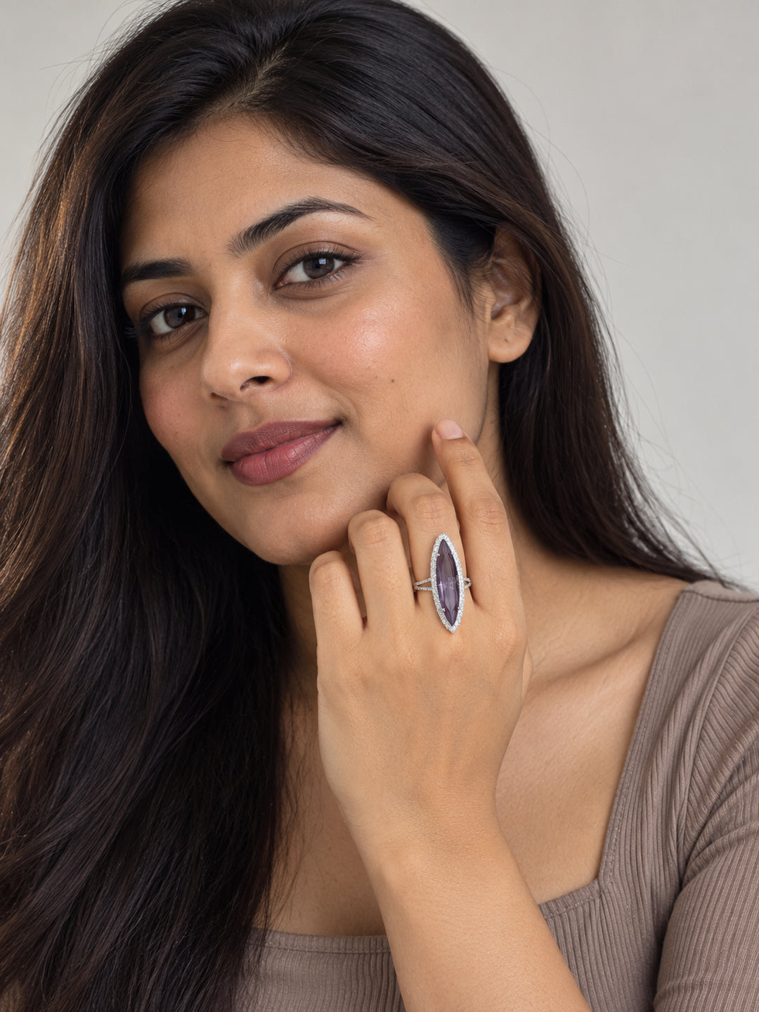 ELVION Purple Marquise Halo Ring — Model wearing product