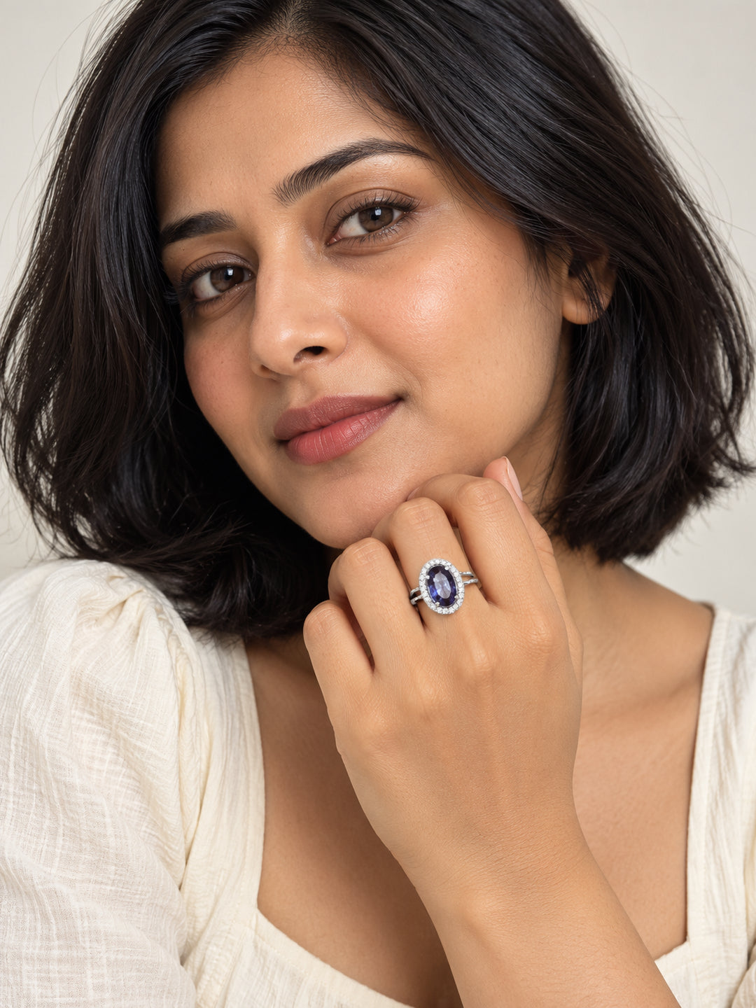ELVION Purple Oval Halo Ring — Model wearing product