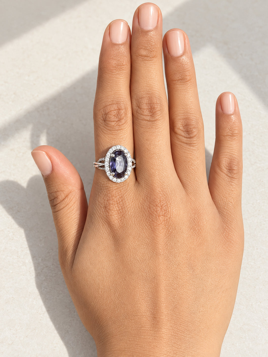 ELVION Purple Oval Halo Ring — Close-up detail
