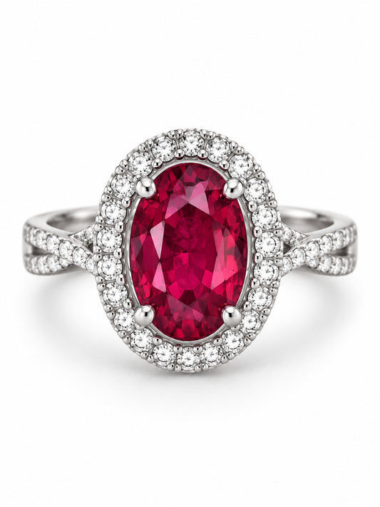 ELVION Red Oval Halo Ring — Product on white