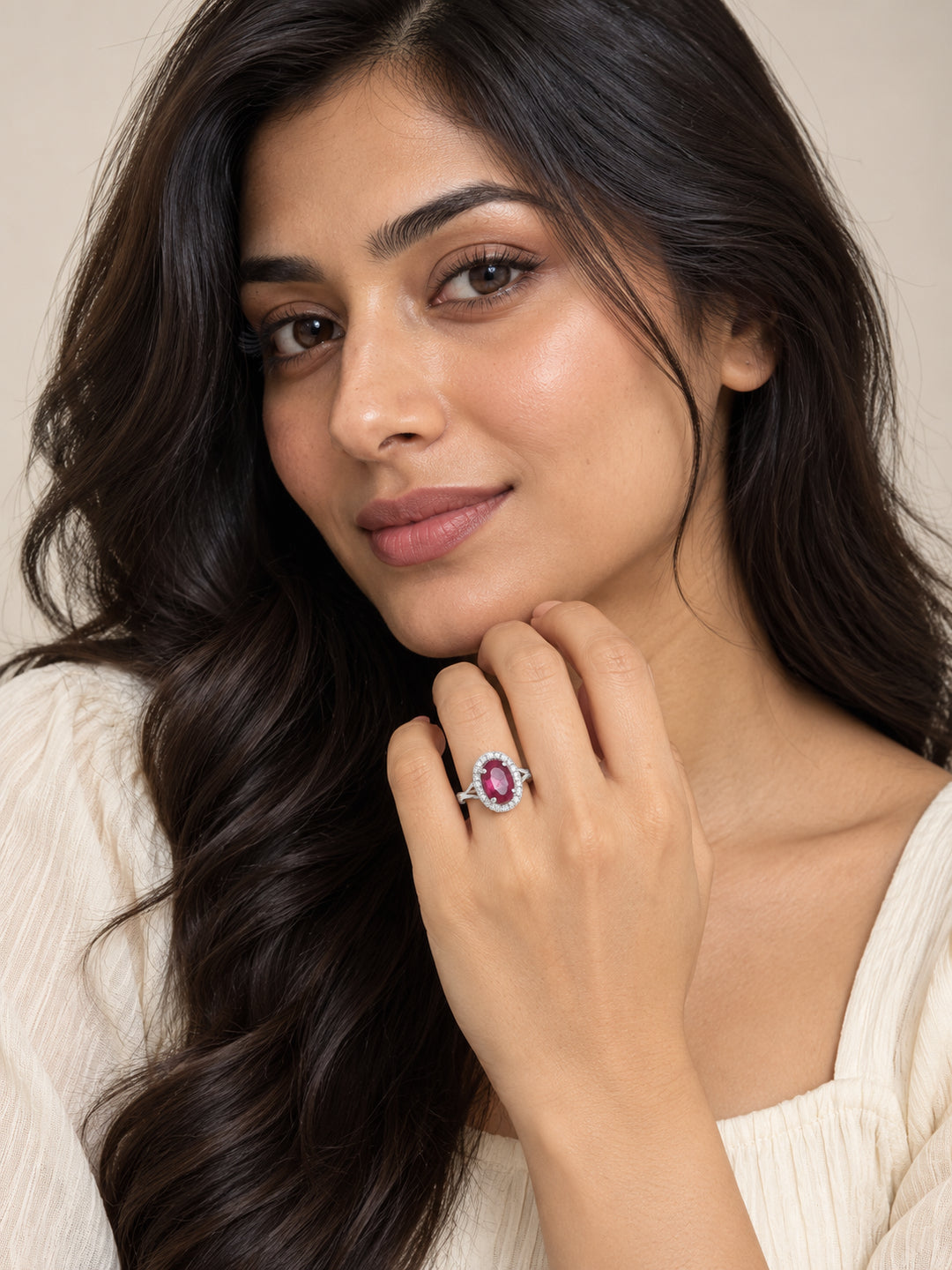 ELVION Red Oval Halo Ring — Model wearing product