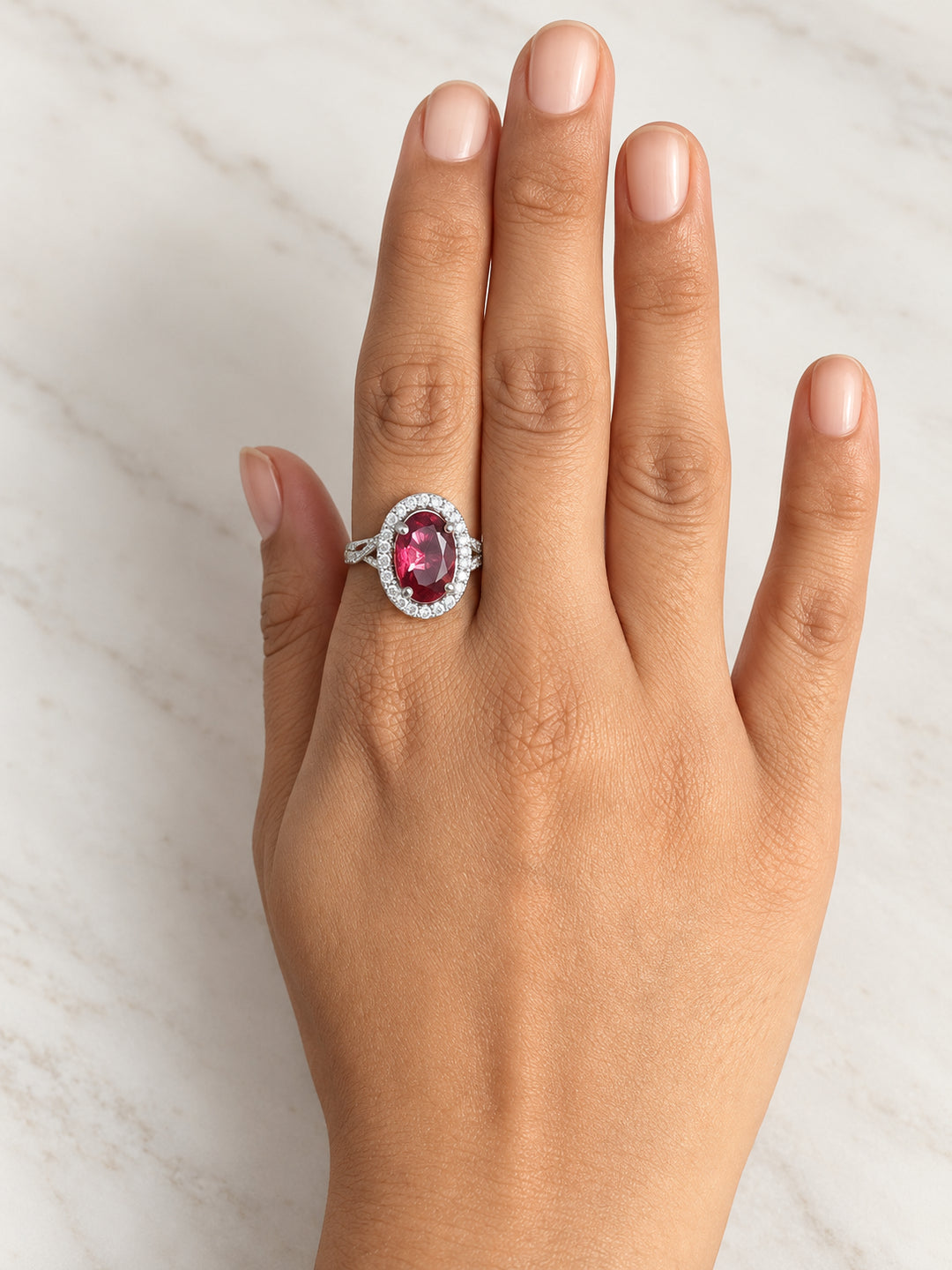 ELVION Red Oval Halo Ring — Close-up detail