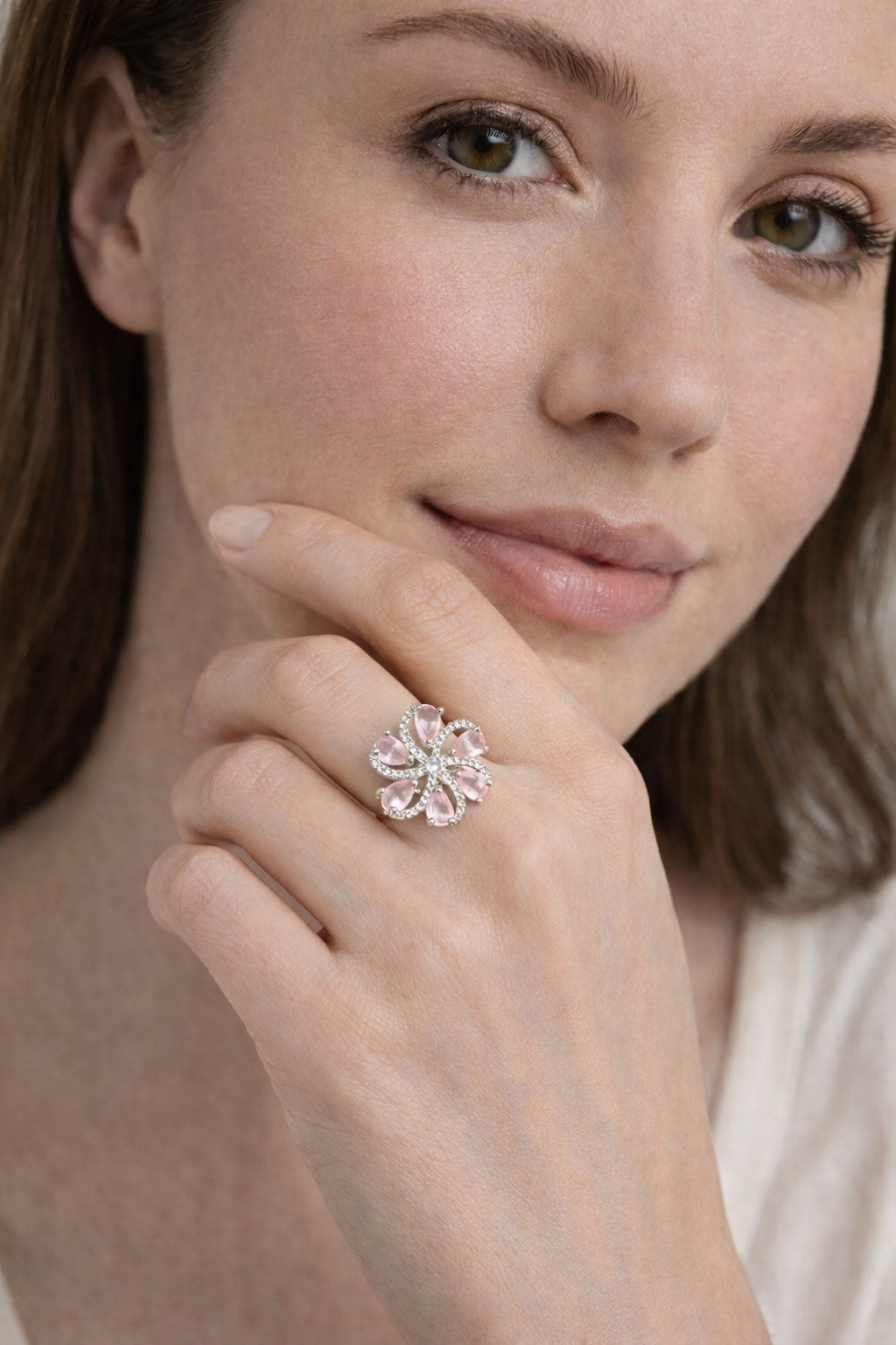 Pink Floral Statement Ring – Silver Tone Blossom Cocktail Ring