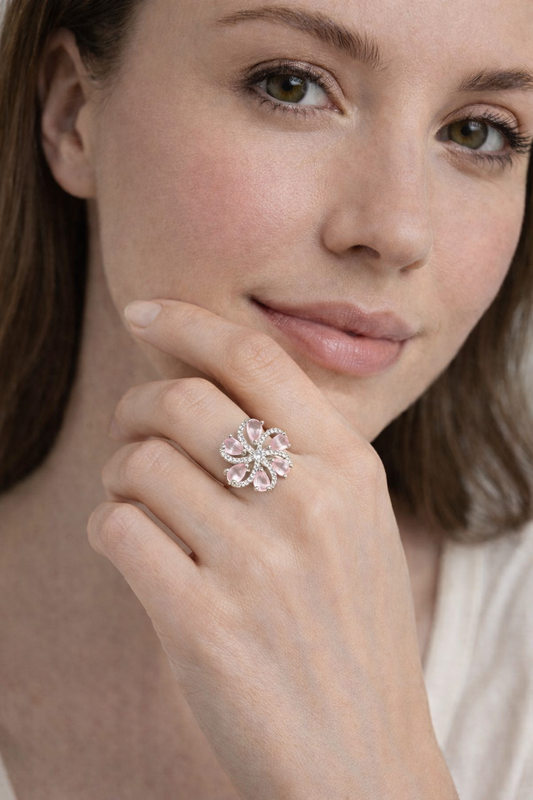 Pink Floral Statement Ring – Silver Tone Blossom Cocktail Ring