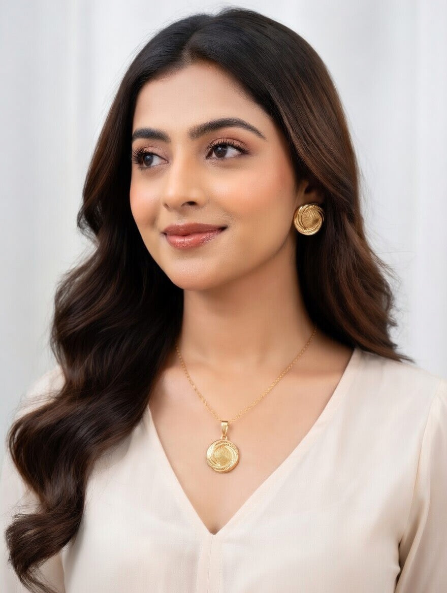 Elegant Textured Gold Pendant & Stud Earrings Set