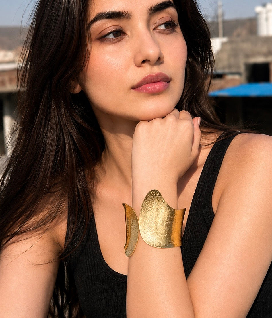 Hammered Gold Statement Cuff Bracelet – Abstract Open Wide Bangle for Women