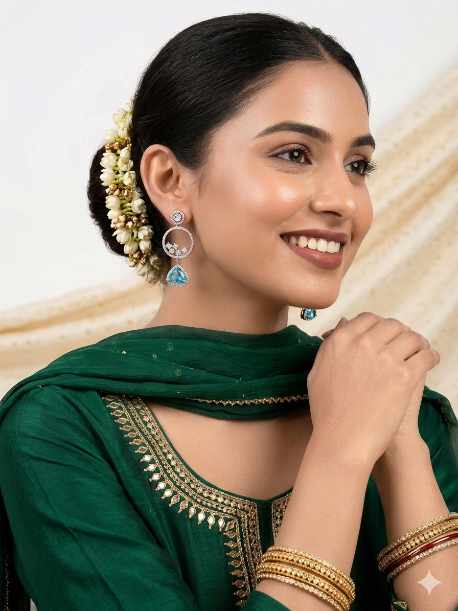Aqua Circle Diamond Drop Earrings