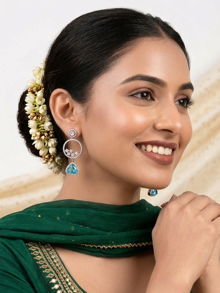 Aqua Circle Diamond Drop Earrings