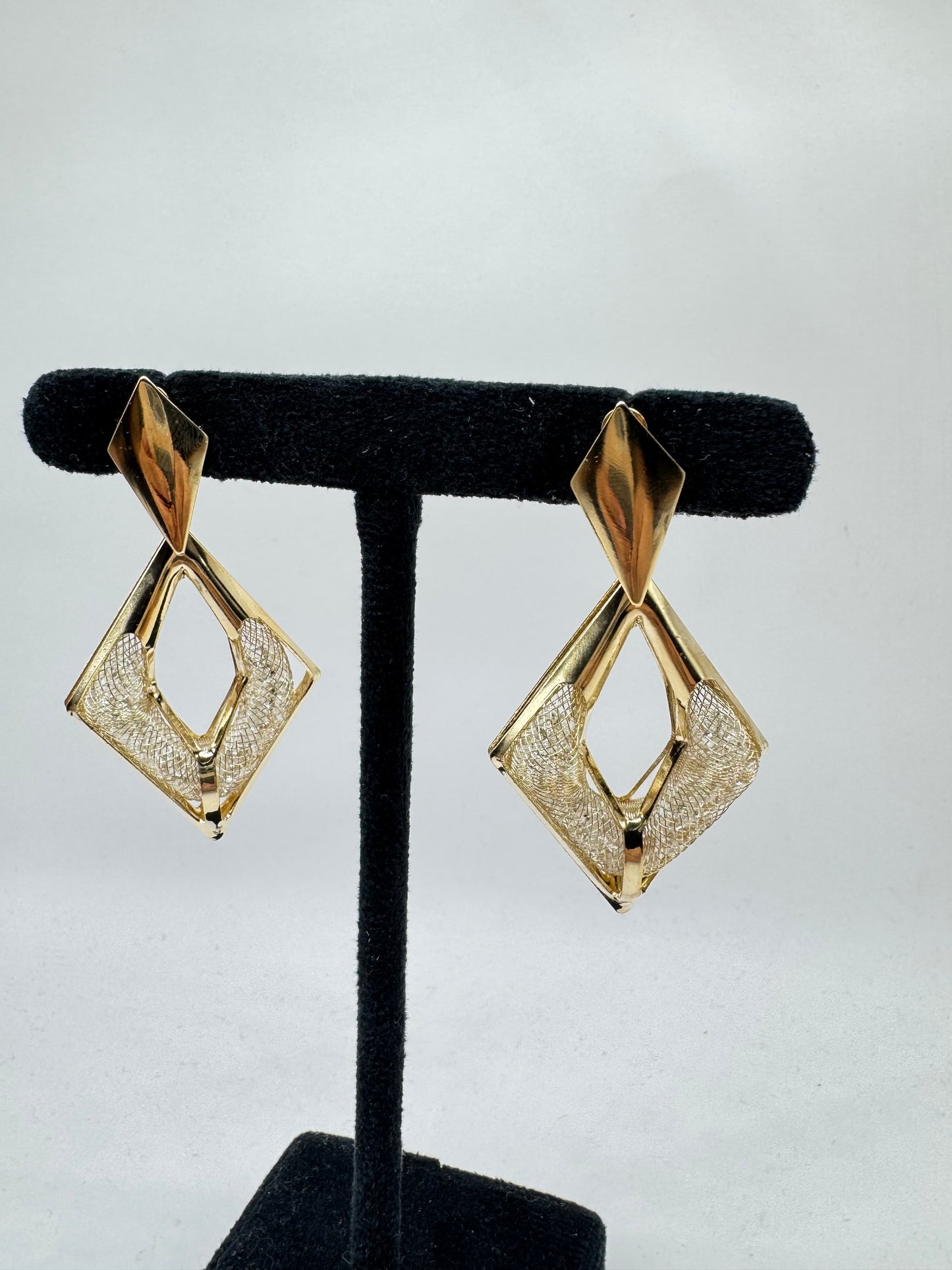 Golden Diamond Drop Earrings – Geometric Statement Elegance